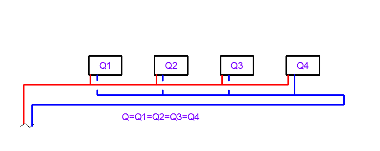Schéma avec le mouvement de passage du liquide de refroidissement à la même puissance des appareils